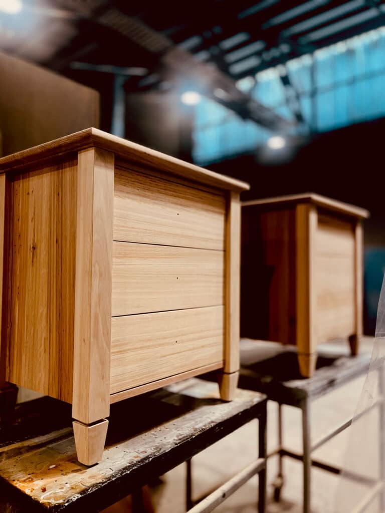 Finished custom Messmate bedside table angled view